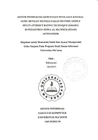 Sistem Pendukung Keputusan Penilaian Kinerja Guru DenganMenggunakan Metode Simple Multi Attribut Rating Technique (SMART) di Pesantren Siswa Al Ma'soem (PSAM) Jatinangor. SKRIPSI 2022